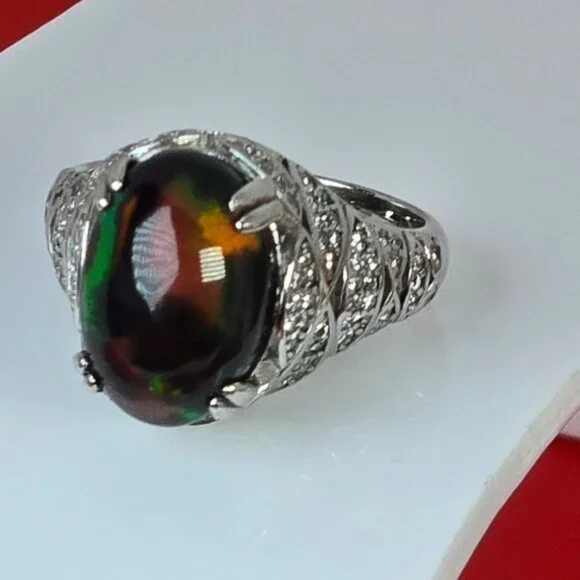 925 Sterling Silver Ring SZ 6.5 with Natural Black Opal & Cz